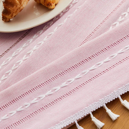 ZeeMart Hemstitched Striped Boho Table Cloth, 60 Inch Round Pink