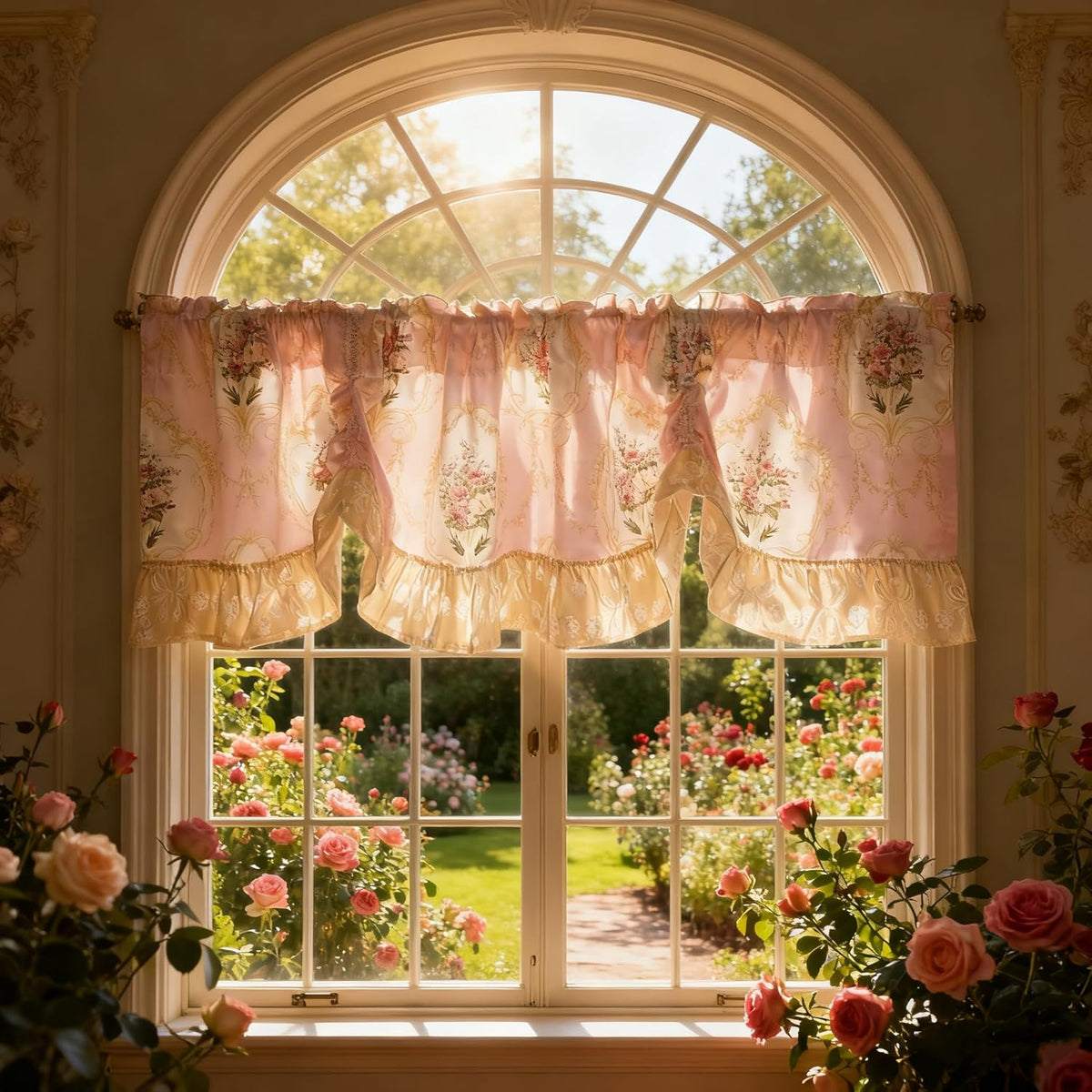 Floral Tie Up Curtains for Kitchen Adjustable Balloon Shade Window Valance