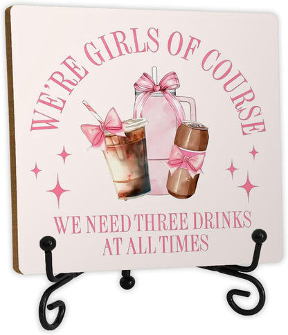 Coquette Pink Bow Coffee Bar Wooden Desk Sign, Coffee Lover Gifts, Preppy Girly Drinks Wood Plaque With Stand for Bar Kitchen Girls Bedroom Dorm Desk Tabletop Shelf Decor