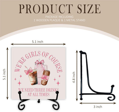 Coquette Pink Bow Coffee Bar Wooden Desk Sign, Coffee Lover Gifts, Preppy Girly Drinks Wood Plaque With Stand for Bar Kitchen Girls Bedroom Dorm Desk Tabletop Shelf Decor
