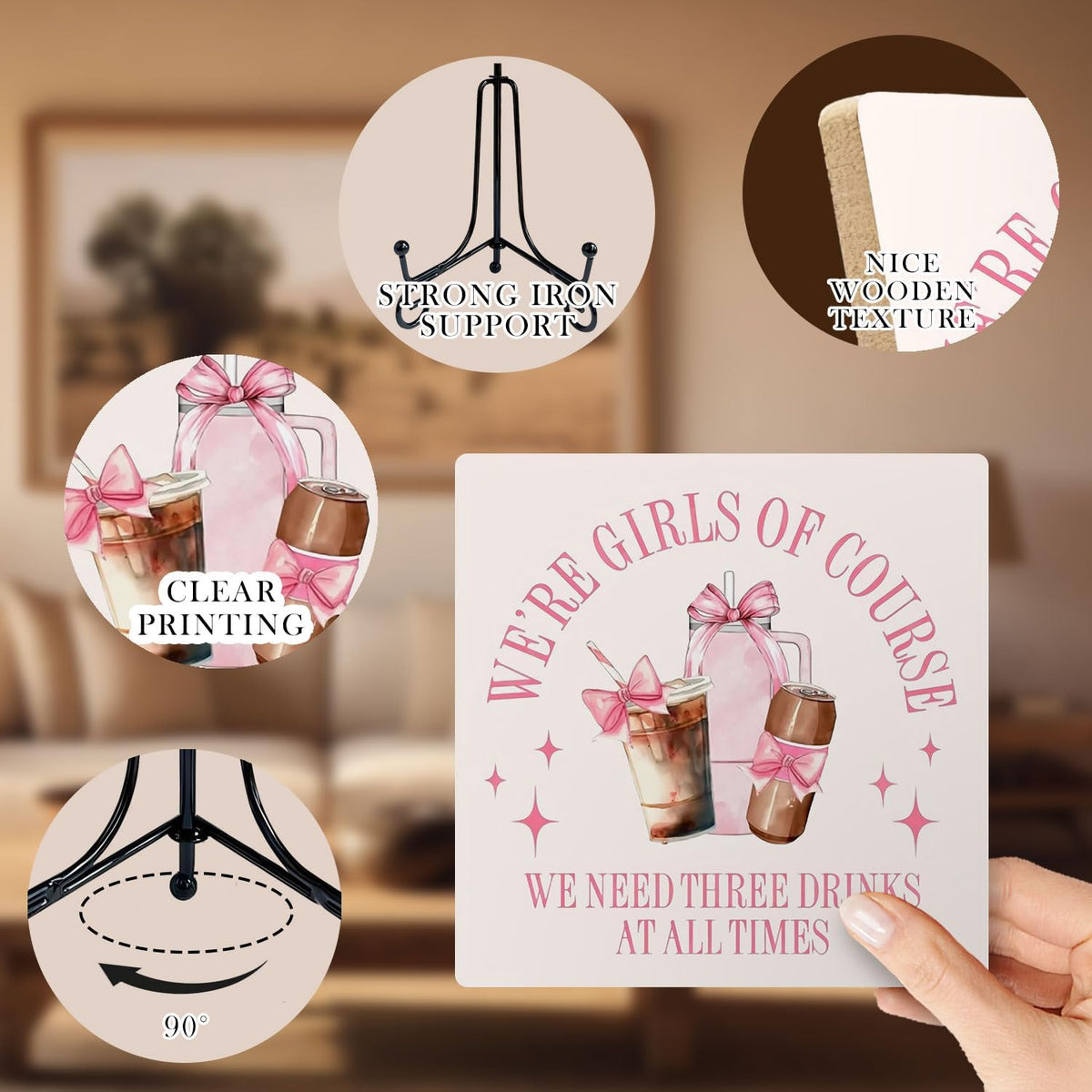 Coquette Pink Bow Coffee Bar Wooden Desk Sign, Coffee Lover Gifts, Preppy Girly Drinks Wood Plaque With Stand for Bar Kitchen Girls Bedroom Dorm Desk Tabletop Shelf Decor