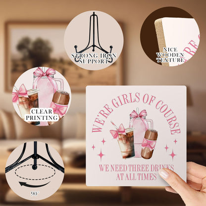 Coquette Pink Bow Coffee Bar Wooden Desk Sign, Coffee Lover Gifts, Preppy Girly Drinks Wood Plaque With Stand for Bar Kitchen Girls Bedroom Dorm Desk Tabletop Shelf Decor