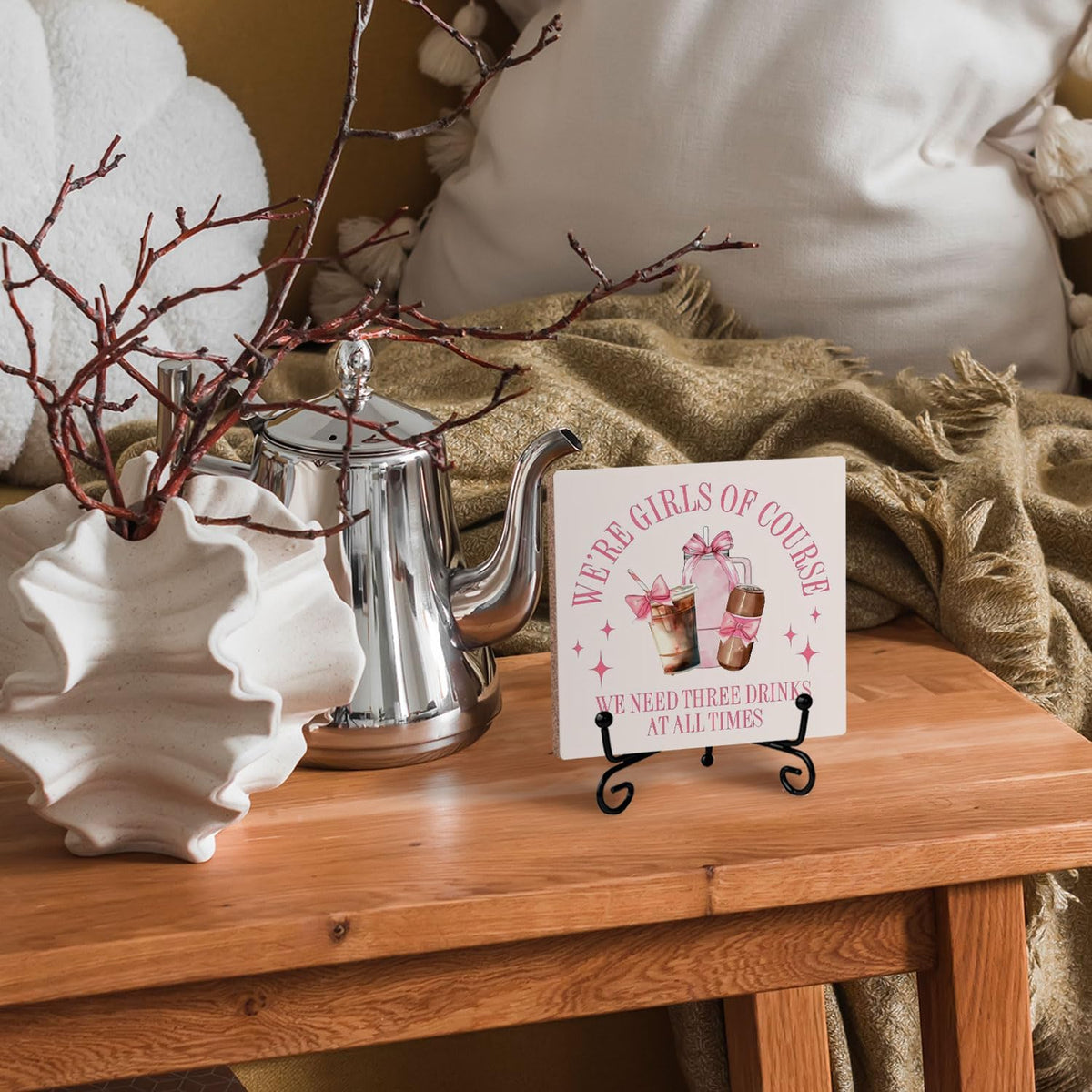 Coquette Pink Bow Coffee Bar Wooden Desk Sign, Coffee Lover Gifts, Preppy Girly Drinks Wood Plaque With Stand for Bar Kitchen Girls Bedroom Dorm Desk Tabletop Shelf Decor