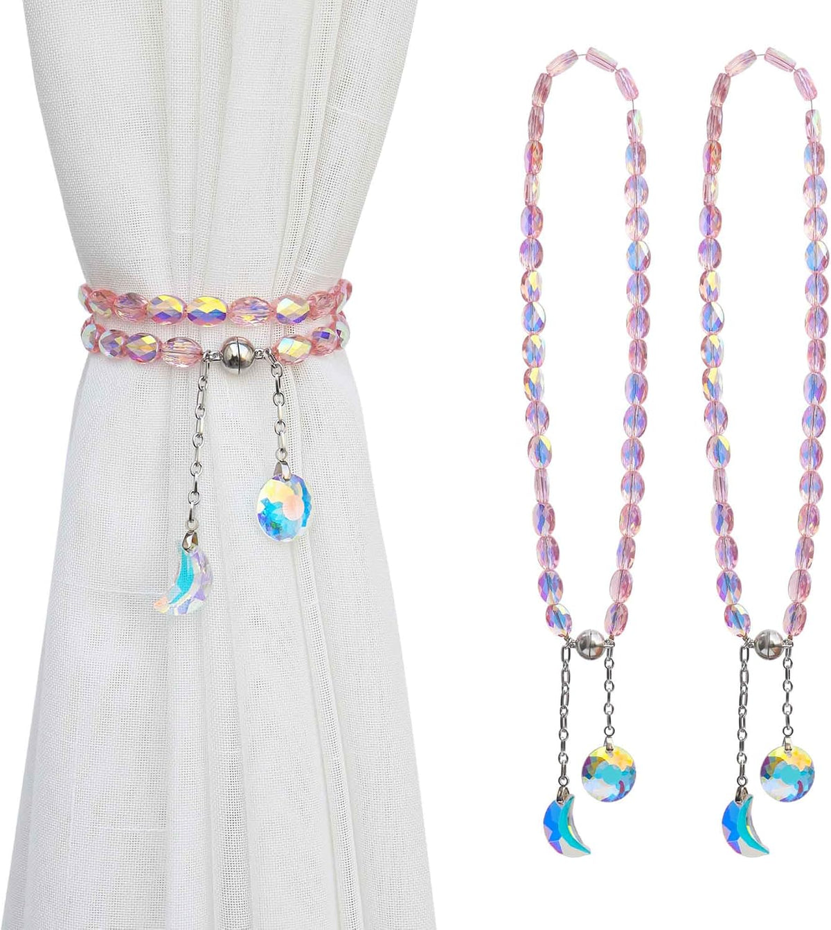 Magnetic Curtain Tiebacks, 2 Pack Crystal Beaded Sun & Moon Pendants Sheers/Draperies Holdbacks for Window Home Office Decor (Pink)