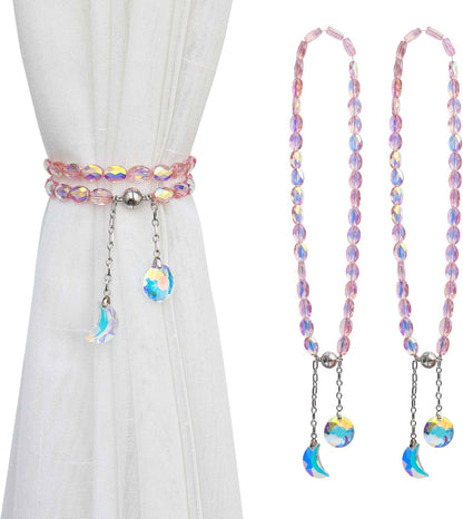 Magnetic Curtain Tiebacks, 2 Pack Crystal Beaded Sun & Moon Pendants Sheers/Draperies Holdbacks for Window Home Office Decor (Pink)
