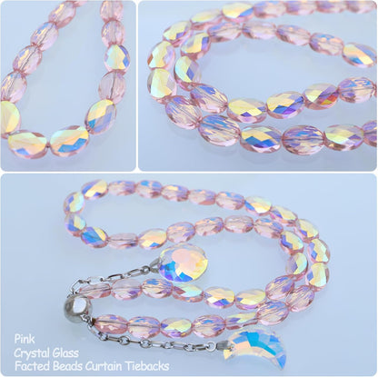 Magnetic Curtain Tiebacks, 2 Pack Crystal Beaded Sun & Moon Pendants Sheers/Draperies Holdbacks for Window Home Office Decor (Pink)