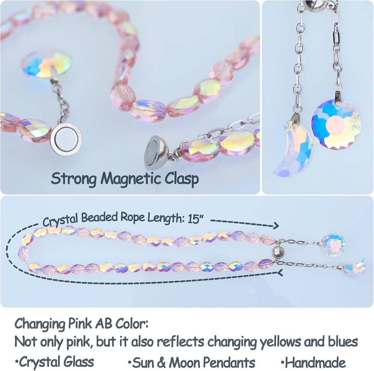 Magnetic Curtain Tiebacks, 2 Pack Crystal Beaded Sun & Moon Pendants Sheers/Draperies Holdbacks for Window Home Office Decor (Pink)