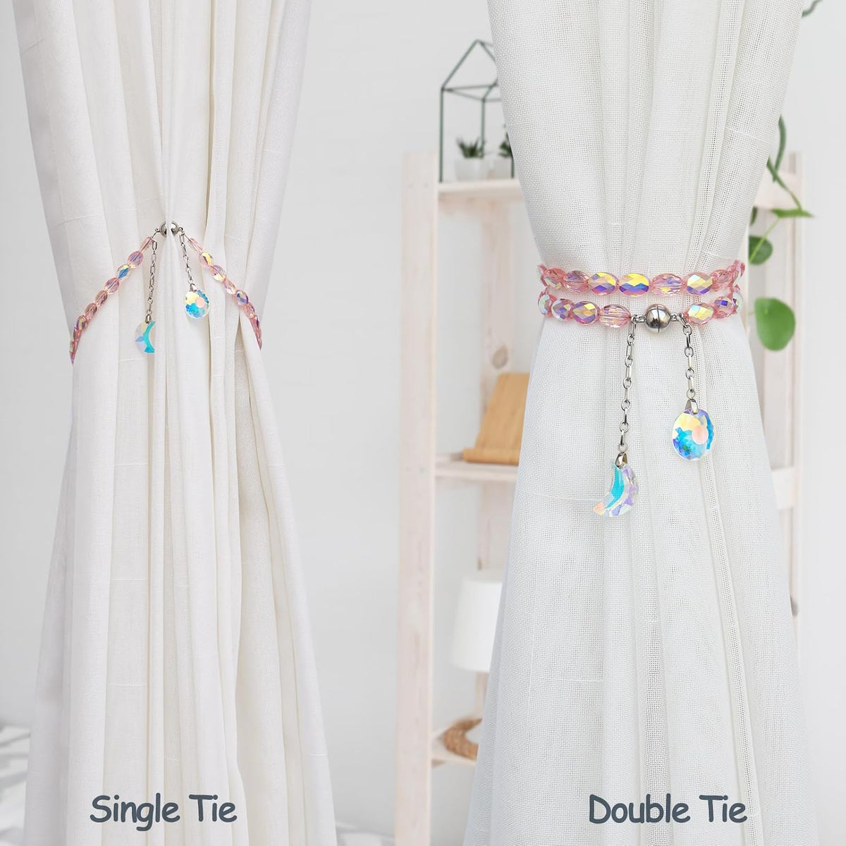 Magnetic Curtain Tiebacks, 2 Pack Crystal Beaded Sun & Moon Pendants Sheers/Draperies Holdbacks for Window Home Office Decor (Pink)