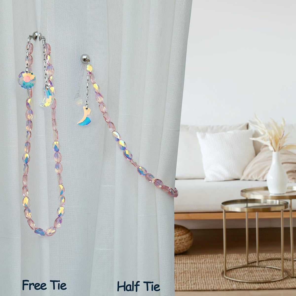 Magnetic Curtain Tiebacks, 2 Pack Crystal Beaded Sun & Moon Pendants Sheers/Draperies Holdbacks for Window Home Office Decor (Pink)