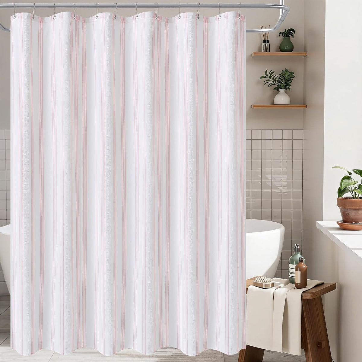 Pink Striped Seersucker Shower Curtain, 72x72 Inch