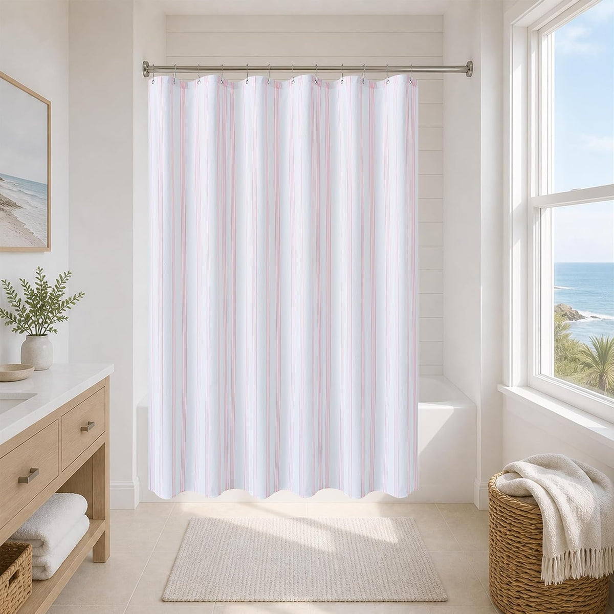 Pink Striped Seersucker Shower Curtain, 72x72 Inch