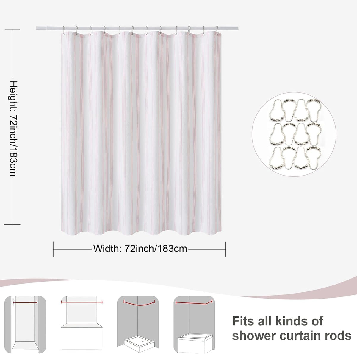 Pink Striped Seersucker Shower Curtain, 72x72 Inch
