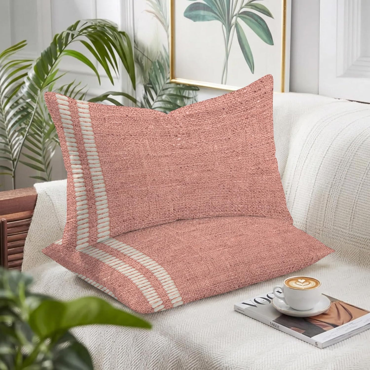 Peach Pink Texture Pillow Cases Standard Size Set of 2 - Microfiber Bed Throw Pillow Covers, Country Farmhouse Burlap Stripes Decorative Lumbar Pillow Cover with Envelope Closure for Sofa 20"x26"