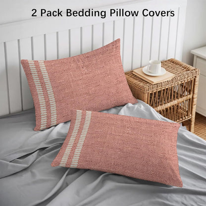 Peach Pink Texture Pillow Cases Standard Size Set of 2 - Microfiber Bed Throw Pillow Covers, Country Farmhouse Burlap Stripes Decorative Lumbar Pillow Cover with Envelope Closure for Sofa 20"x26"