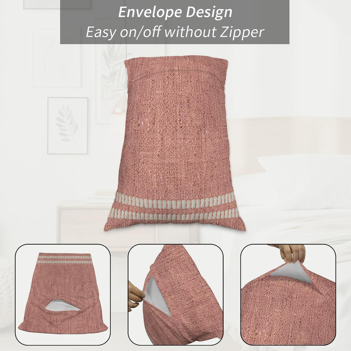 Peach Pink Texture Pillow Cases Standard Size Set of 2 - Microfiber Bed Throw Pillow Covers, Country Farmhouse Burlap Stripes Decorative Lumbar Pillow Cover with Envelope Closure for Sofa 20"x26"