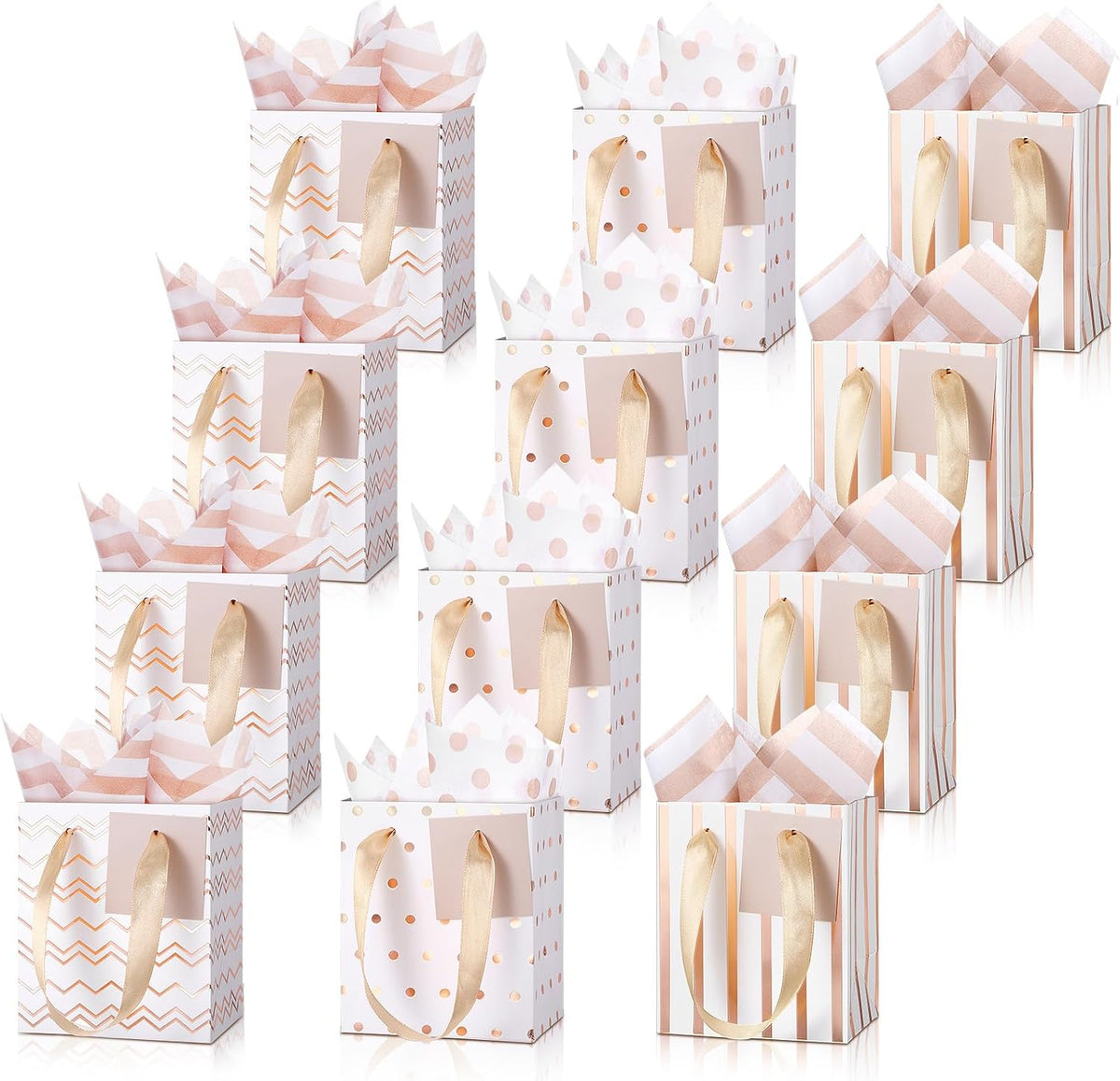 12 Pcs Small Gift Bags Bulk,7 x 4 x 9 Inch,White Rose Gold