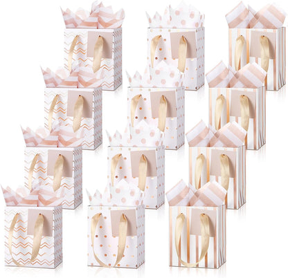 12 Pcs Small Gift Bags Bulk,7 x 4 x 9 Inch,White Rose Gold
