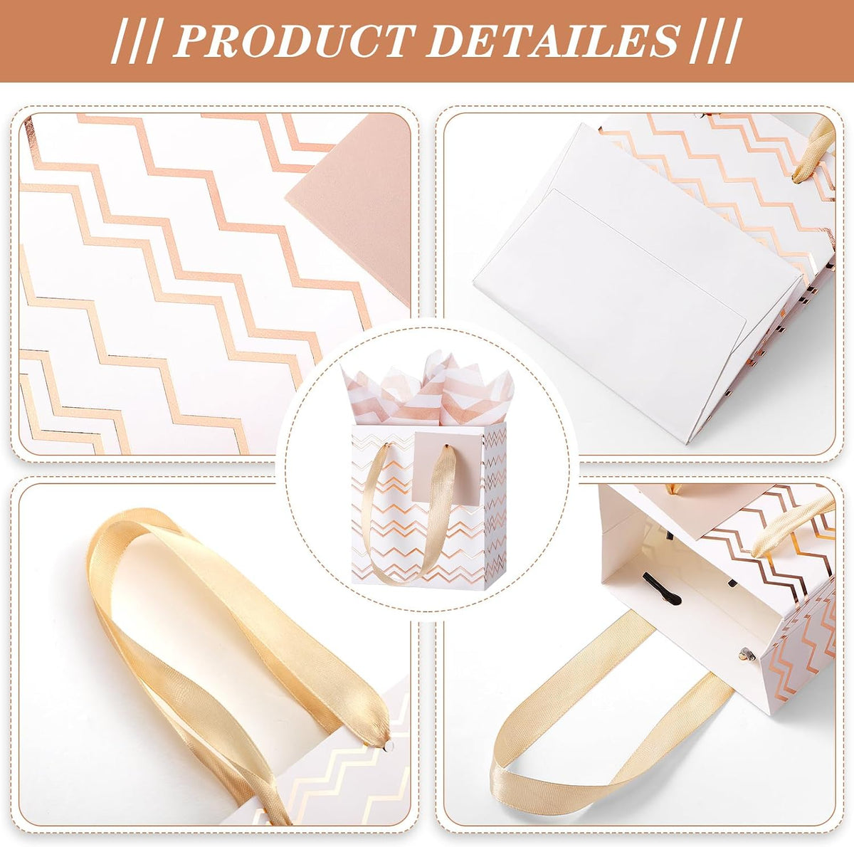 12 Pcs Small Gift Bags Bulk,7 x 4 x 9 Inch,White Rose Gold