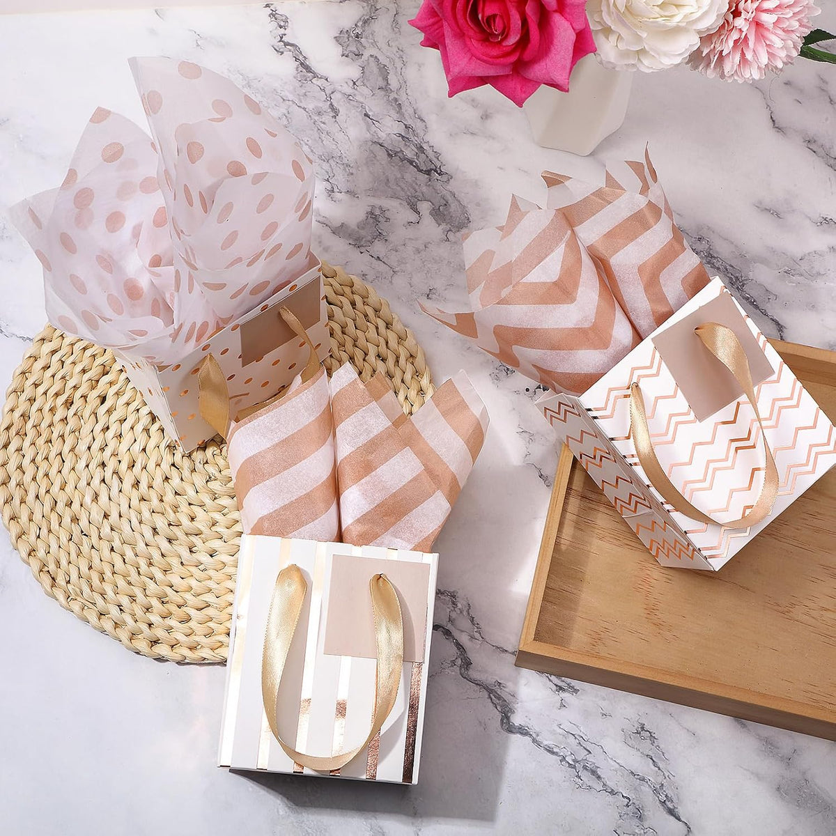 12 Pcs Small Gift Bags Bulk,7 x 4 x 9 Inch,White Rose Gold