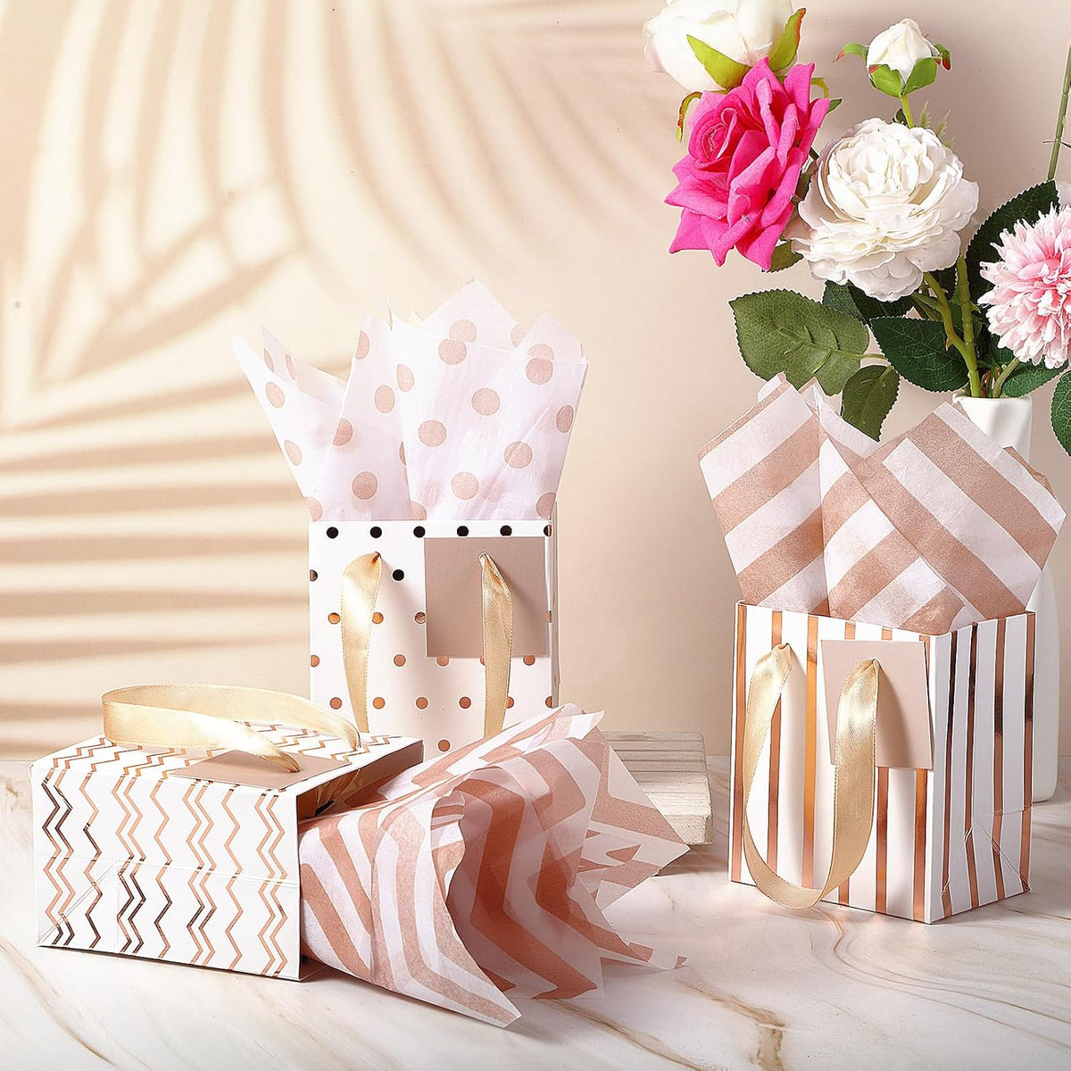 12 Pcs Small Gift Bags Bulk,7 x 4 x 9 Inch,White Rose Gold
