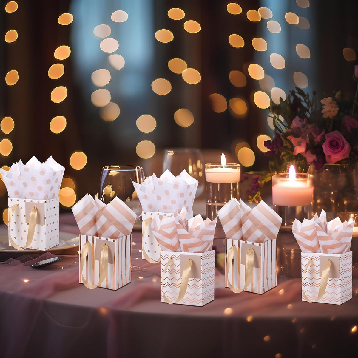 12 Pcs Small Gift Bags Bulk,7 x 4 x 9 Inch,White Rose Gold