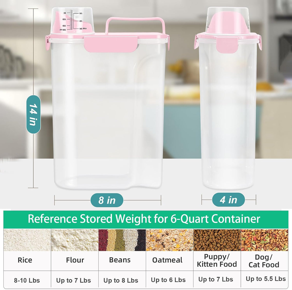 Airtight Rice Container 10 Lbs, Cereal Dispenser, Pet Cat Dog Food Storage Container, Plastic Kitchen Pantry Food Storage Holder with Cup -Pink