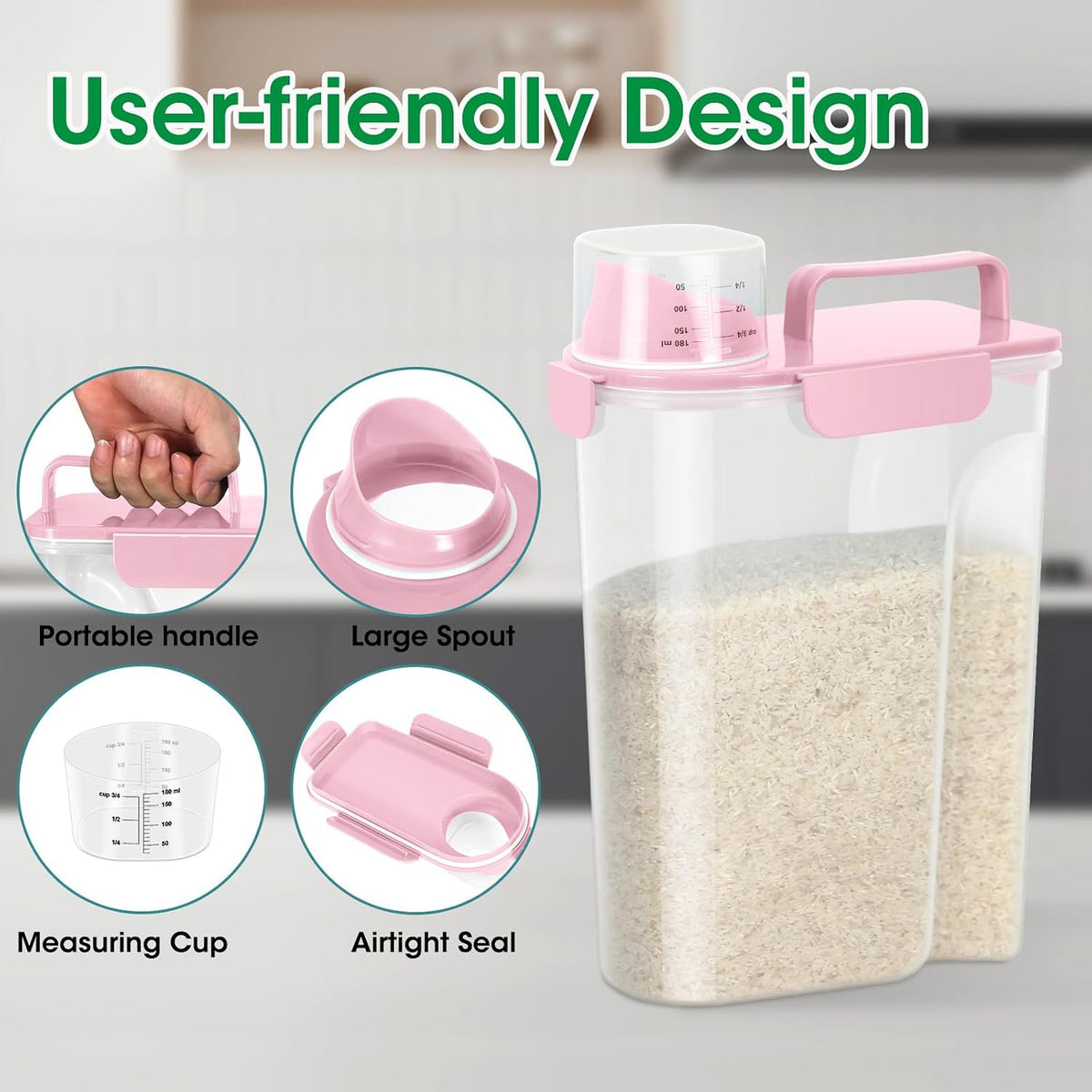 Airtight Rice Container 10 Lbs, Cereal Dispenser, Pet Cat Dog Food Storage Container, Plastic Kitchen Pantry Food Storage Holder with Cup -Pink