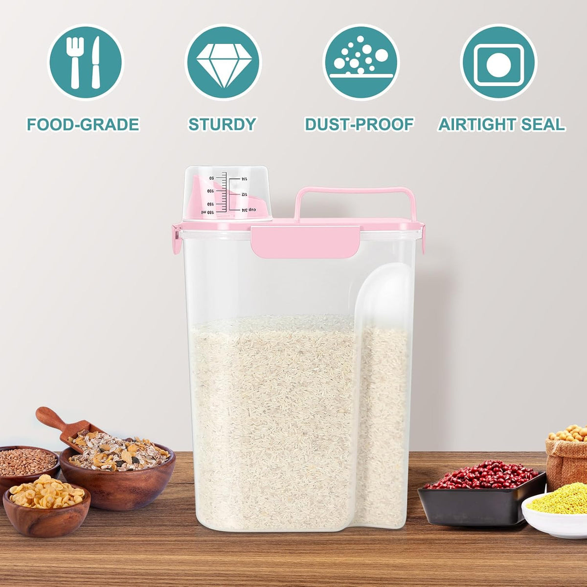 Airtight Rice Container 10 Lbs, Cereal Dispenser, Pet Cat Dog Food Storage Container, Plastic Kitchen Pantry Food Storage Holder with Cup -Pink