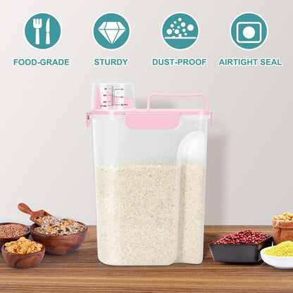 Airtight Rice Container 10 Lbs, Cereal Dispenser, Pet Cat Dog Food Storage Container, Plastic Kitchen Pantry Food Storage Holder with Cup -Pink