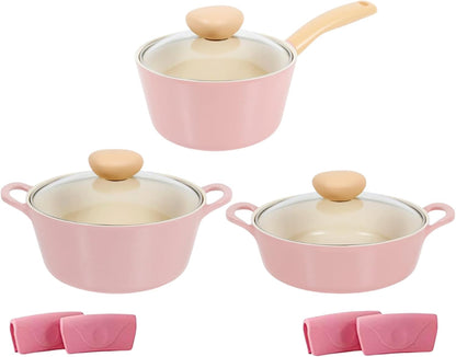 Retro Pink 6-Piece Cookware Set with Glass Lid – Nonstick Ceramic Coated Casserole Pot, Saucepan & Dutch Oven for Soup, Sauce, Simmering, Stewing, Everyday Cooking, Made in Korea