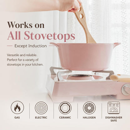 Retro Pink 6-Piece Cookware Set with Glass Lid – Nonstick Ceramic Coated Casserole Pot, Saucepan & Dutch Oven for Soup, Sauce, Simmering, Stewing, Everyday Cooking, Made in Korea