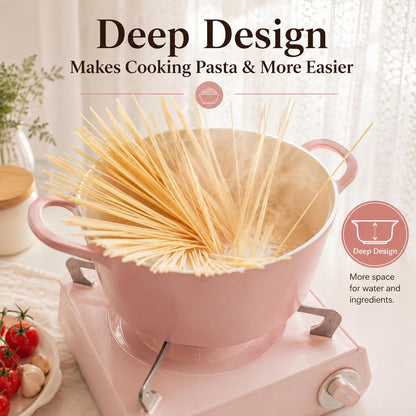 Retro Pink 6-Piece Cookware Set with Glass Lid – Nonstick Ceramic Coated Casserole Pot, Saucepan & Dutch Oven for Soup, Sauce, Simmering, Stewing, Everyday Cooking, Made in Korea