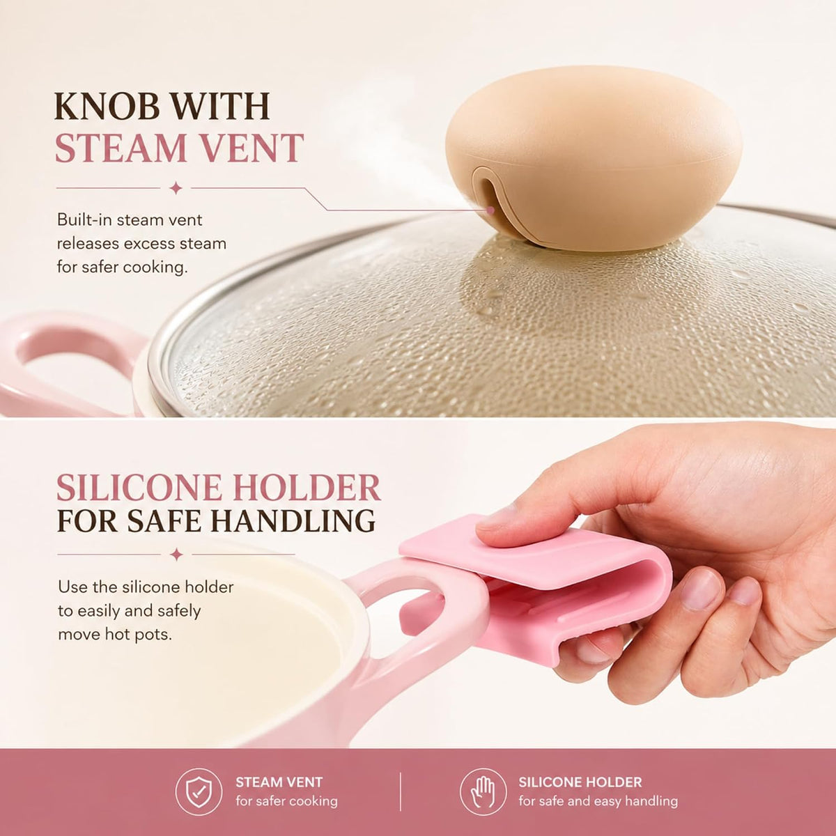 Retro Pink 6-Piece Cookware Set with Glass Lid – Nonstick Ceramic Coated Casserole Pot, Saucepan & Dutch Oven for Soup, Sauce, Simmering, Stewing, Everyday Cooking, Made in Korea