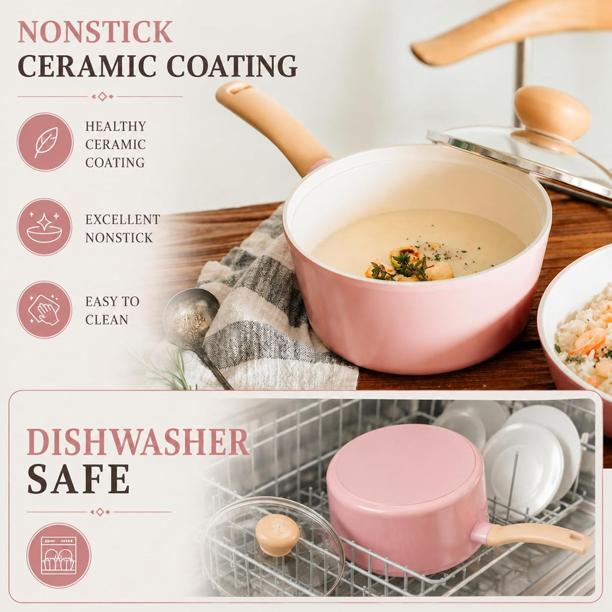 Retro Pink 6-Piece Cookware Set with Glass Lid – Nonstick Ceramic Coated Casserole Pot, Saucepan & Dutch Oven for Soup, Sauce, Simmering, Stewing, Everyday Cooking, Made in Korea