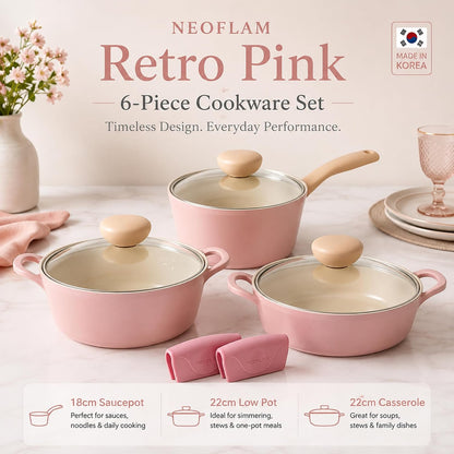 Retro Pink 6-Piece Cookware Set with Glass Lid – Nonstick Ceramic Coated Casserole Pot, Saucepan & Dutch Oven for Soup, Sauce, Simmering, Stewing, Everyday Cooking, Made in Korea