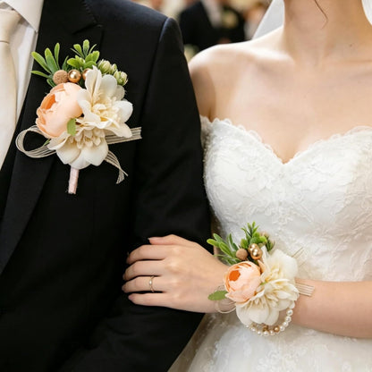Corsage and Boutonniere Set for Prom Wedding, Peach Ivory Wrist Corsage Bracelet and Men Boutonniere Artificial Flower Set
