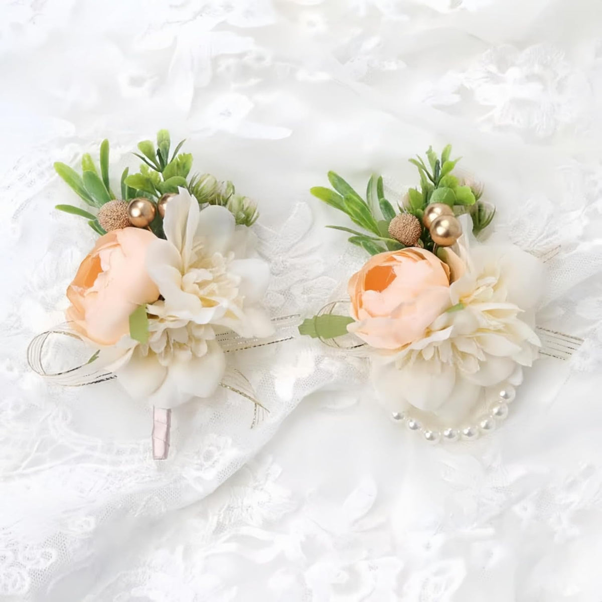 Corsage and Boutonniere Set for Prom Wedding, Peach Ivory Wrist Corsage Bracelet and Men Boutonniere Artificial Flower Set