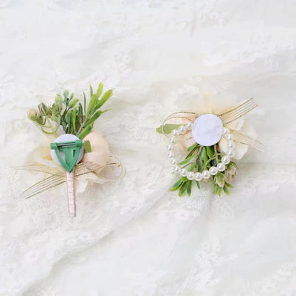 Corsage and Boutonniere Set for Prom Wedding, Peach Ivory Wrist Corsage Bracelet and Men Boutonniere Artificial Flower Set