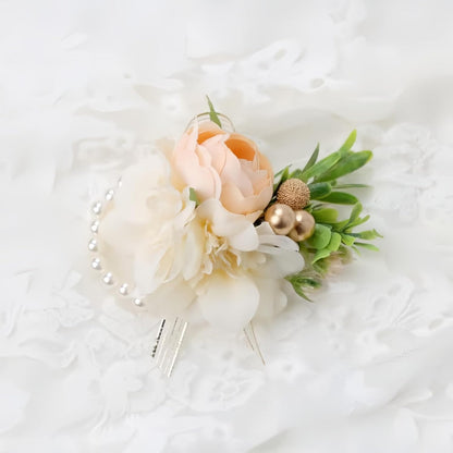 Corsage and Boutonniere Set for Prom Wedding, Peach Ivory Wrist Corsage Bracelet and Men Boutonniere Artificial Flower Set