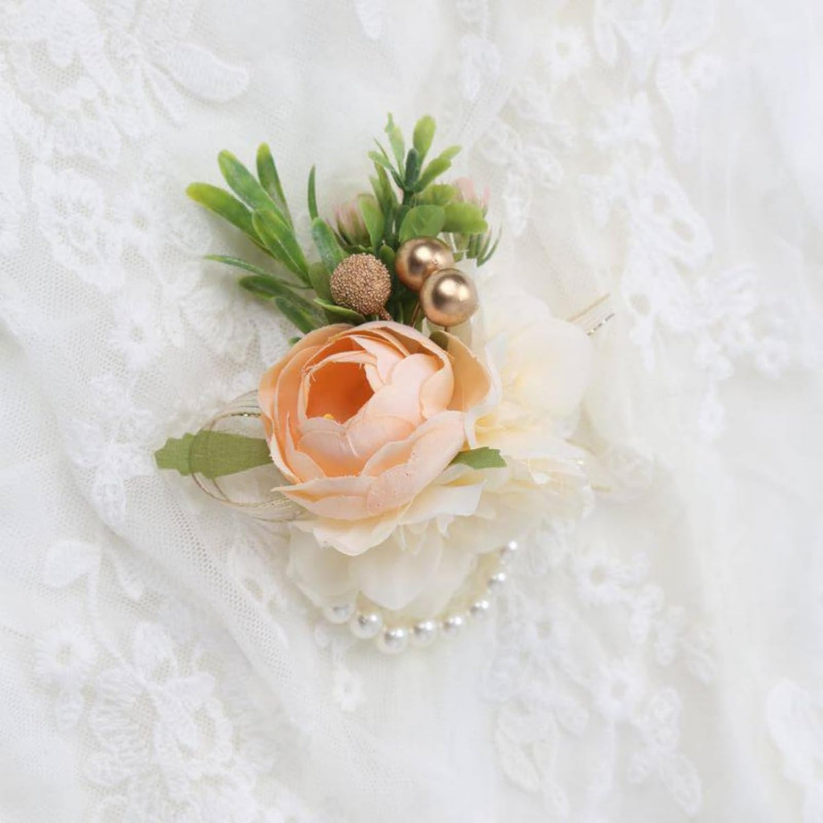 Corsage and Boutonniere Set for Prom Wedding, Peach Ivory Wrist Corsage Bracelet and Men Boutonniere Artificial Flower Set
