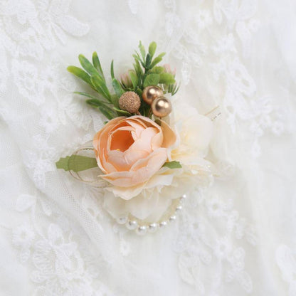 Corsage and Boutonniere Set for Prom Wedding, Peach Ivory Wrist Corsage Bracelet and Men Boutonniere Artificial Flower Set