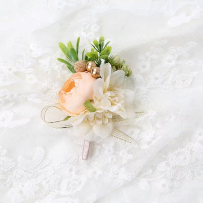 Corsage and Boutonniere Set for Prom Wedding, Peach Ivory Wrist Corsage Bracelet and Men Boutonniere Artificial Flower Set