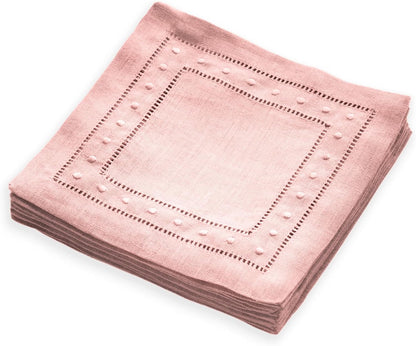Linen Cocktail Napkins 6 x 6 inch - 100% Pure Linen Pink Napkins Cloth with Embroidered Dot Set of 12 - Hemstitch Coaster Napkin Washable for Summer Decor