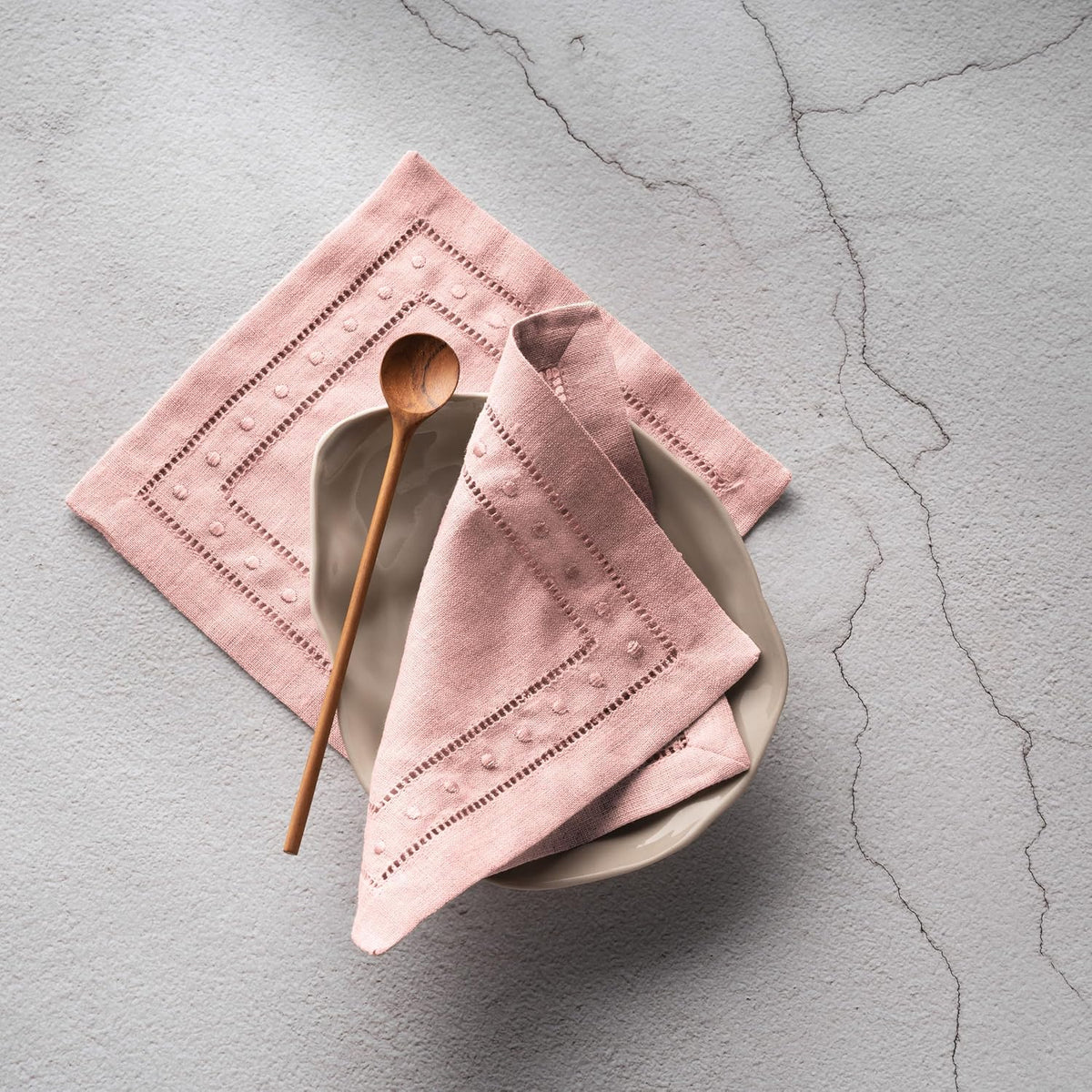 Linen Cocktail Napkins 6 x 6 inch - 100% Pure Linen Pink Napkins Cloth with Embroidered Dot Set of 12 - Hemstitch Coaster Napkin Washable for Summer Decor