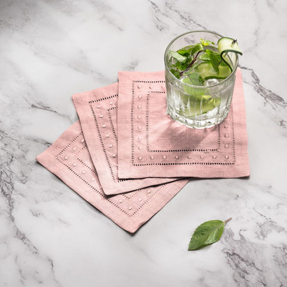 Linen Cocktail Napkins 6 x 6 inch - 100% Pure Linen Pink Napkins Cloth with Embroidered Dot Set of 12 - Hemstitch Coaster Napkin Washable for Summer Decor