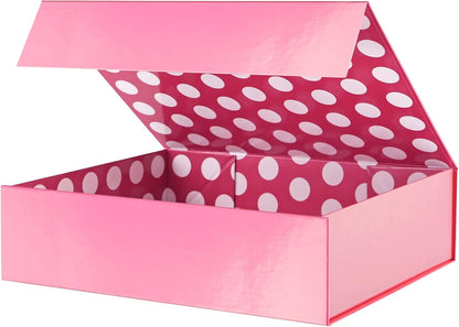 Gift Box 13x9.7x3.4 Inches, Large Pink Gift Box with Lid for Presents, Magnetic Gifts Box for Clothes, Shirt, Christmas (Glossy Metallic Pink, Dot Design Inside)