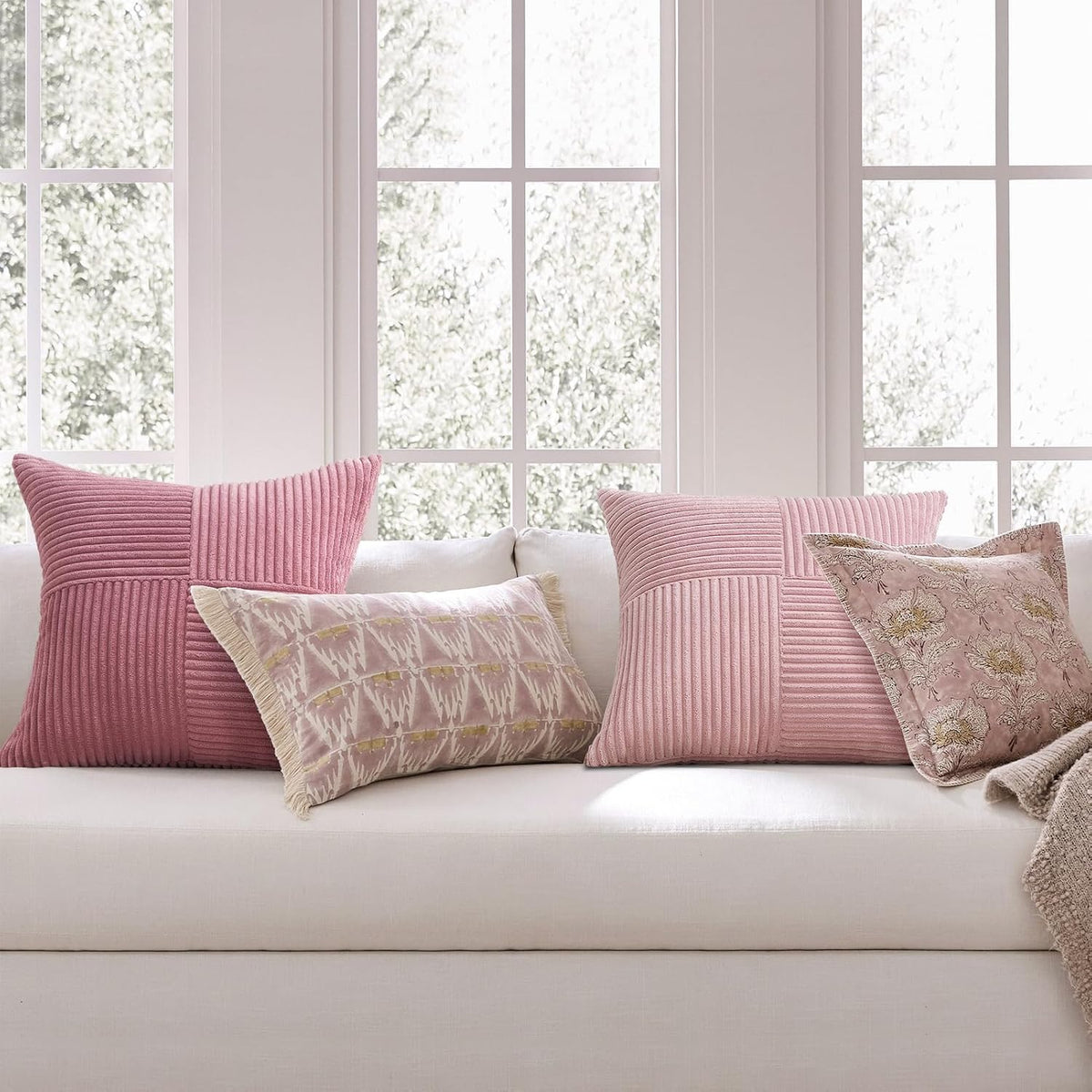 Dustypink Throw Pillow Covers 16x16 Set of 4,Boho Double-Sides Design Decorative Throw Pillow Covers,Light Pink Cushion Cases for Couch Living Room Bedroom and Sofa(40 * 40 cm)