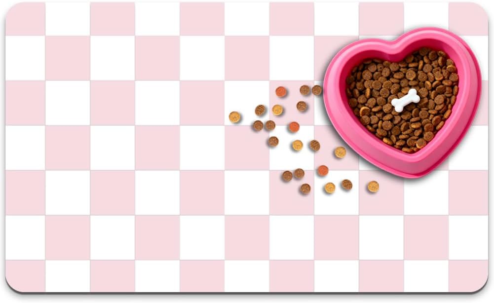 Pink Cat Food Mat 12"x 20" Cat Dog Feeding Mat for Food and Water Bowls Pink Checkered Diatomaceous Earth Absorbent Quick Dry Non Slip Pet Feeding Placemat for Messy Eaters Drinkers