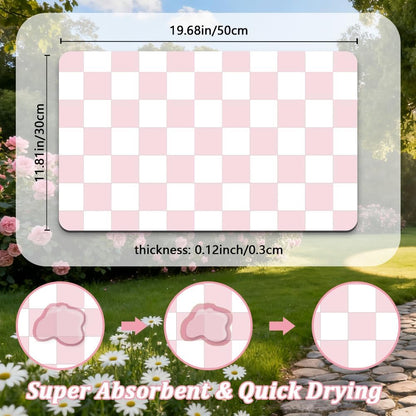 Pink Cat Food Mat 12"x 20" Cat Dog Feeding Mat for Food and Water Bowls Pink Checkered Diatomaceous Earth Absorbent Quick Dry Non Slip Pet Feeding Placemat for Messy Eaters Drinkers