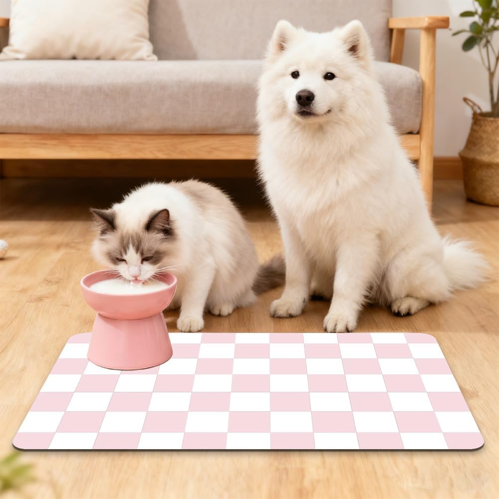 Pink Cat Food Mat 12"x 20" Cat Dog Feeding Mat for Food and Water Bowls Pink Checkered Diatomaceous Earth Absorbent Quick Dry Non Slip Pet Feeding Placemat for Messy Eaters Drinkers